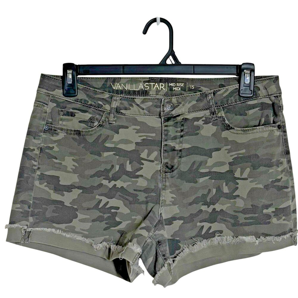 Vanilla Star Camo Mid Rise Cutoff Raw Hem Shorts 15 Grunge Y2K Streetwear Casual